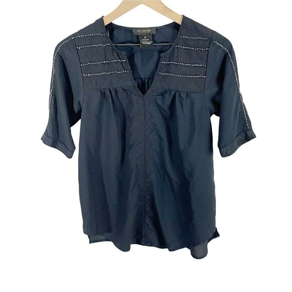 MM Couture By Miss Me Navy Blue Embellished Short Sleeved Blouse Sz XS - Picture 1 of 4